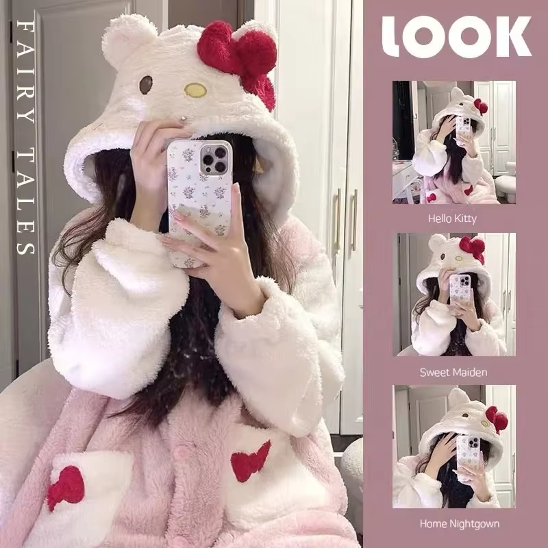 Sanrio милые пижамы «Hello Kitty», женские пижамы с героями мультфильмов, осень-зима, коралловая бархатная юбка для сна, теплая плотная домашняя повседневная одежда для девочек