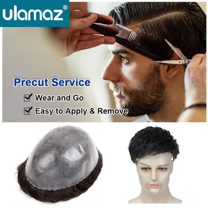 Wig Pria Wear and Go Prestyle Skin Toupee, Prostesis Rambut Pria, Wig Tanpa Simpul, Sistem Rambut Injeksi untuk Pria, Layanan Precut
