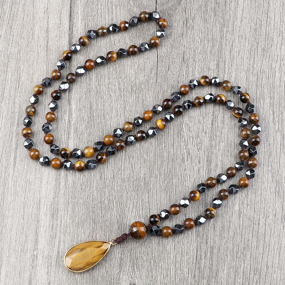 Nouveau pendentif goutte 108 perles collier irrégulier hématite oeil de tigre pierre Protection de la santé hommes longs colliers femmes Yoga bijoux