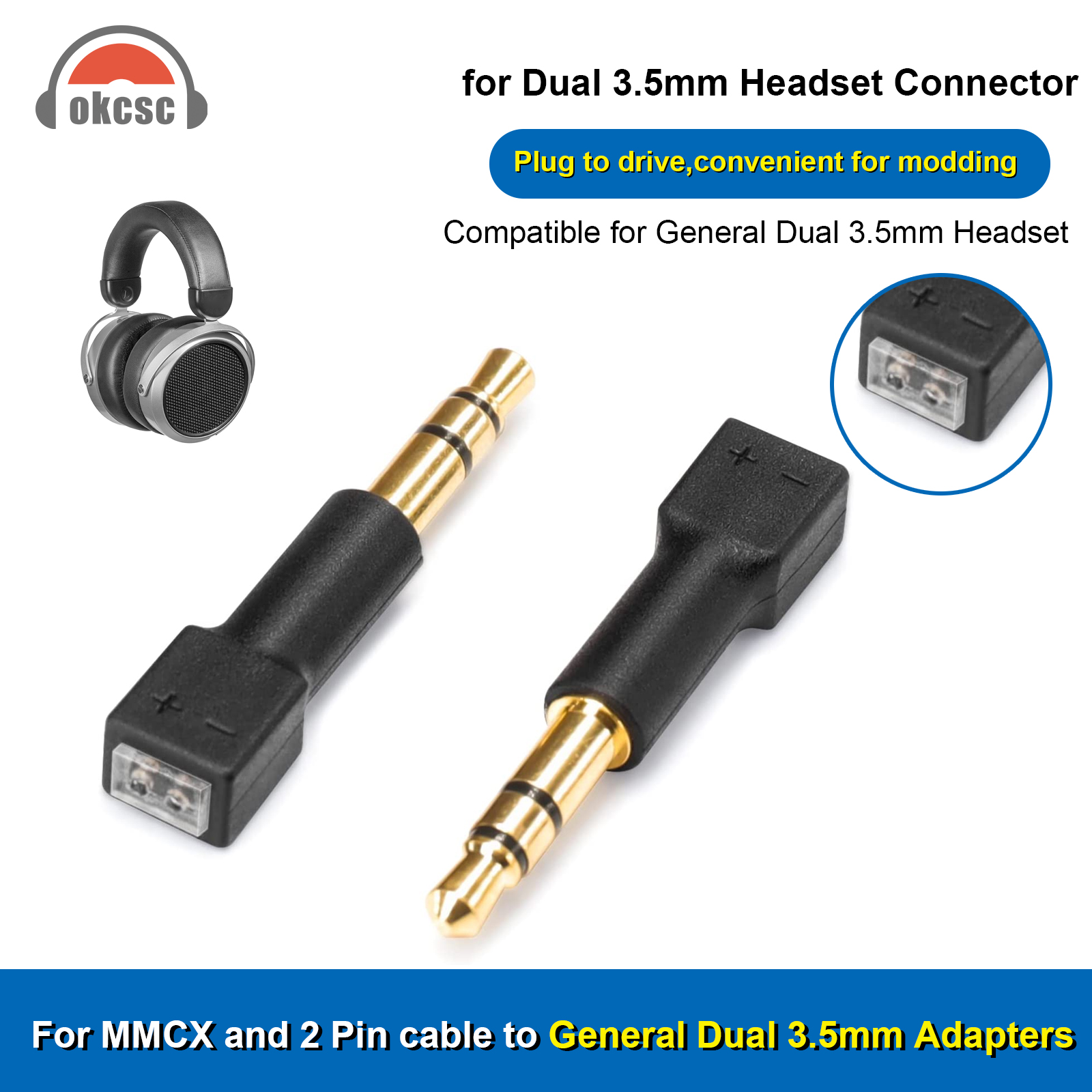 1 par de adaptador de 3,5 mm para mmcx/adaptador de 3,5 mm a 0,78 mm para OKCSC M1 M2 ZX-1 WTD-3 conector de pino de conversão de fones de ouvido