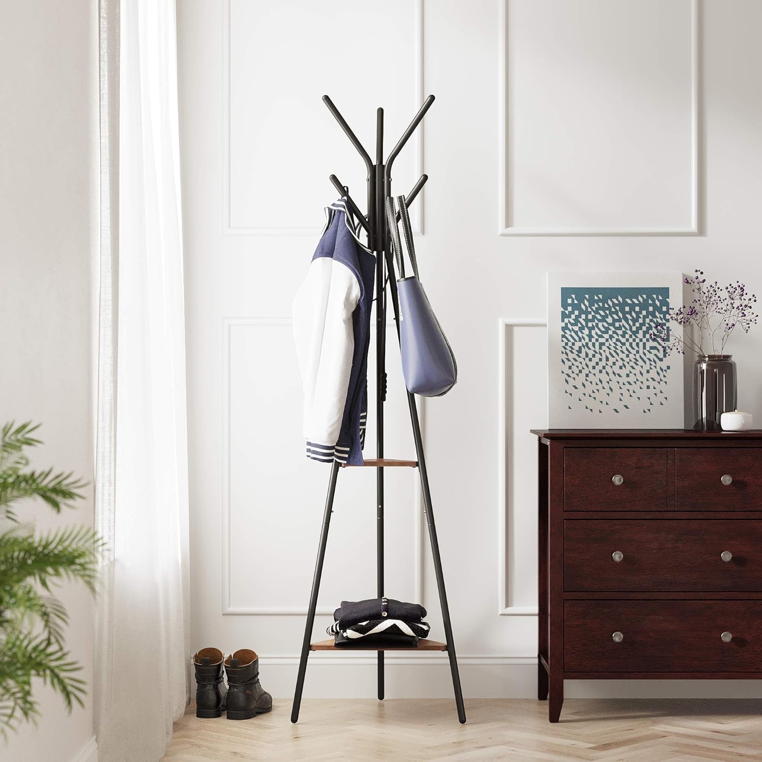 Supporto per cremagliera VASAGLE, albero del cappotto, albero della Hall autoportante, stile industriale, con 2 ripiani, per vestiti, cappello, borsa