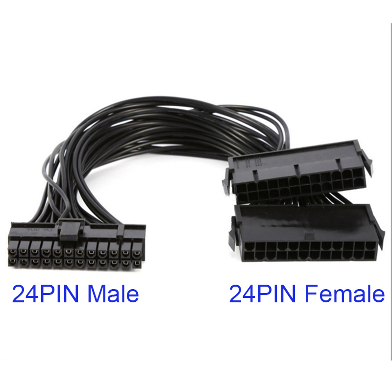 Kabel Pemisah Catu Daya 24 Pin 1 Ke 2 Sinkronisasi ATX Mining 30Cm Kabel Ekstensi PSU Ganda Motherboard untuk Komputer PC BTC