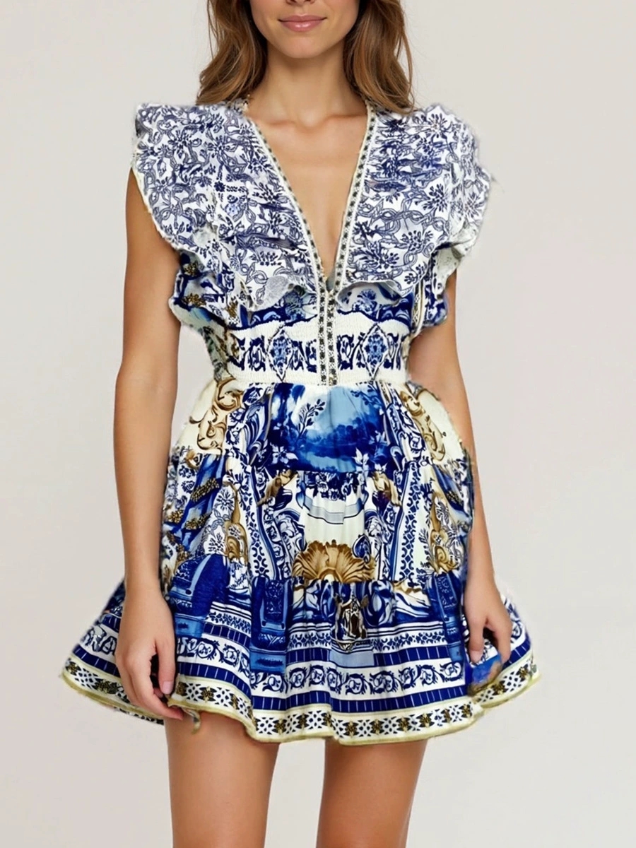 Hochwertiges 2026 Mediterranisches Print-Minikleid mit Rüschenärmeln – Elegantes Urlaubsoutfit
