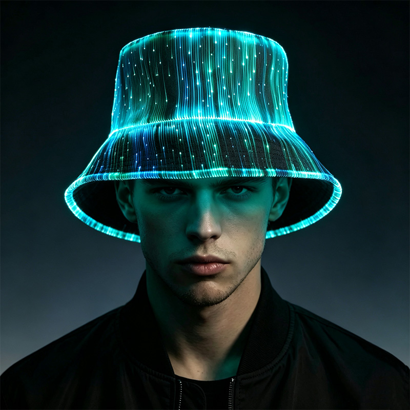 Neonowy kapelusz typu bucket hat z włóknami optycznymi LED, świecący kapelusz rybacki, świecący w ciemności, luminouszny kapelusz, akcesoria do kostiumów na występy w barach i klubach.