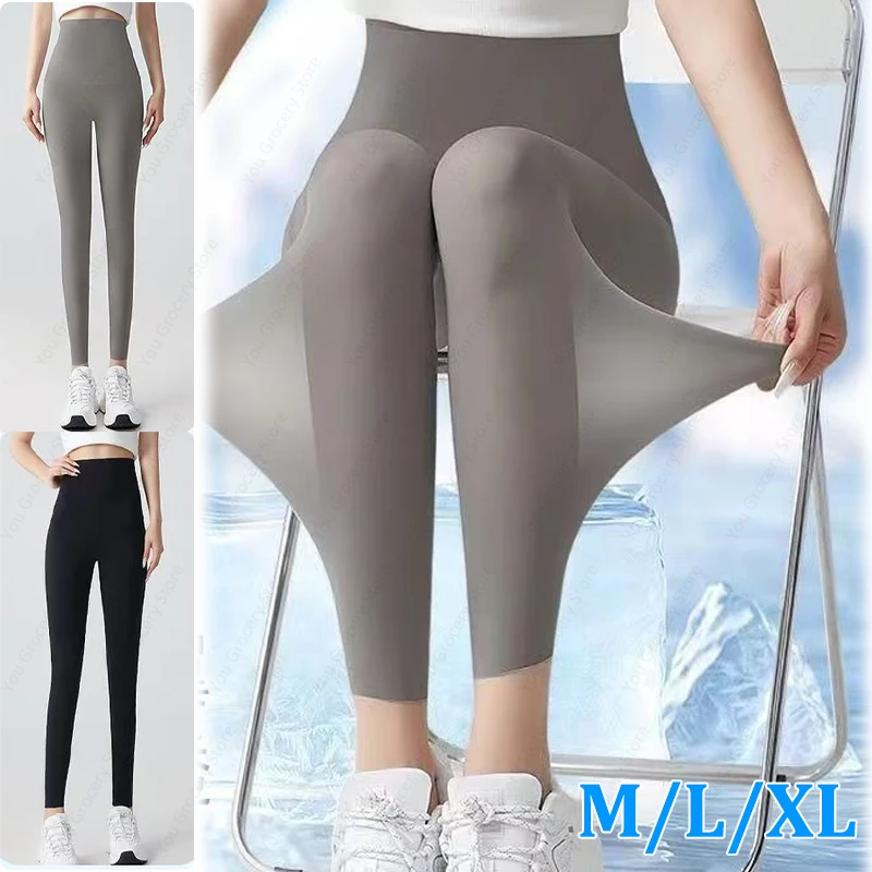 Legging Kulit Hiu Wanita Musim Panas M/L/XL, Celana Yoga Tipis Sutra Es Pengontrol Perut & Pengangkat Bokong, Tanpa Jahitan dengan Perlindungan UPF 50+