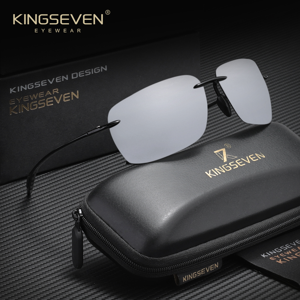Óculos de sol ultraleves sem aro KINGSEVEN, óculos retangulares masculinos para mulheres, óculos com lentes espelhadas