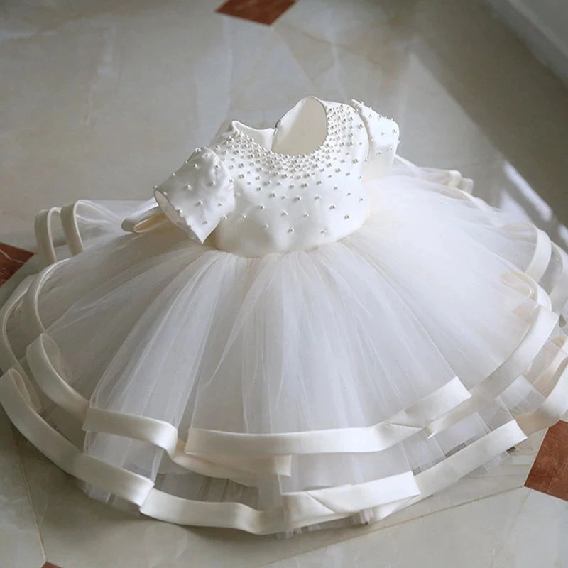 Neugeborene Mädchen Kleider für die Taufe Taufe 1. Geburtstag Säugling Tutu Kleid Kleid Perlen Tüll Kleinkind Mädchen Party kleidung
