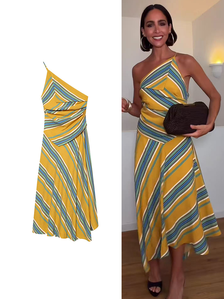2026 Spring Summer Women's Vintage Asymmetric Maxi Dress Evening Gown Outfit Clothing Fashion Striped Slim Fit Party Long Dress