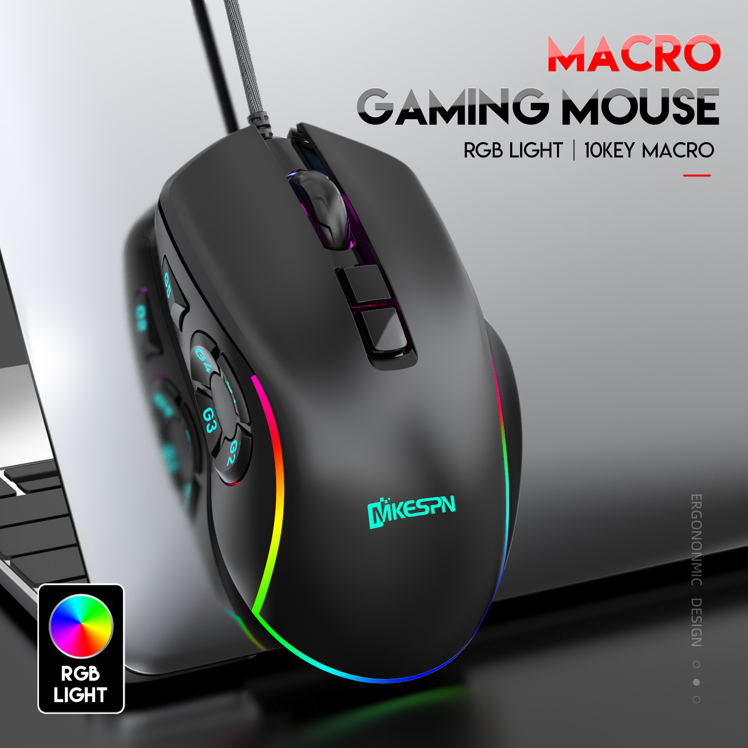 Przewodowa mysz do gier z podświetleniem RGB, regulacja 7200 DPI, mysz z 10 programowalnymi przyciskami makro, mysz do gier X9