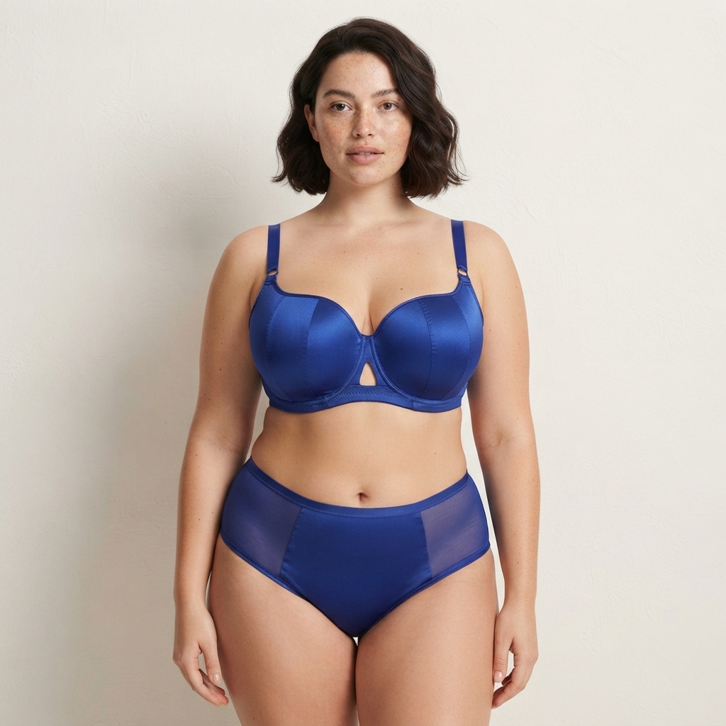 Conjunto de Sutiã Minimizador de Cetim Luxuoso e Calcinha com Copas D/E/F/G/H/I/J, Controle de Gordura nas Axilas, Design Vazado Central, Respirável, Roupa Íntima Plus Size