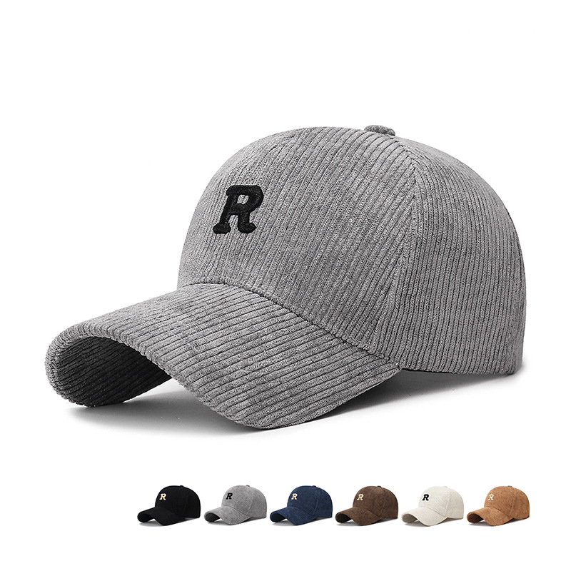 Gorra de Béisbol de Pana con Letra 'R' Bordada en 3D, Color Sólido, Ajustable, Estructurada, Accesorio Elegante para Otoño e Invierno