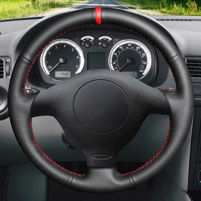 Protector para volante de coche de cuero Artificial negro para Seat Leon MK1 (1M) 1998-2005 Skoda Fabia RS 2003 Fabia 1 (6Y) 2004-2005