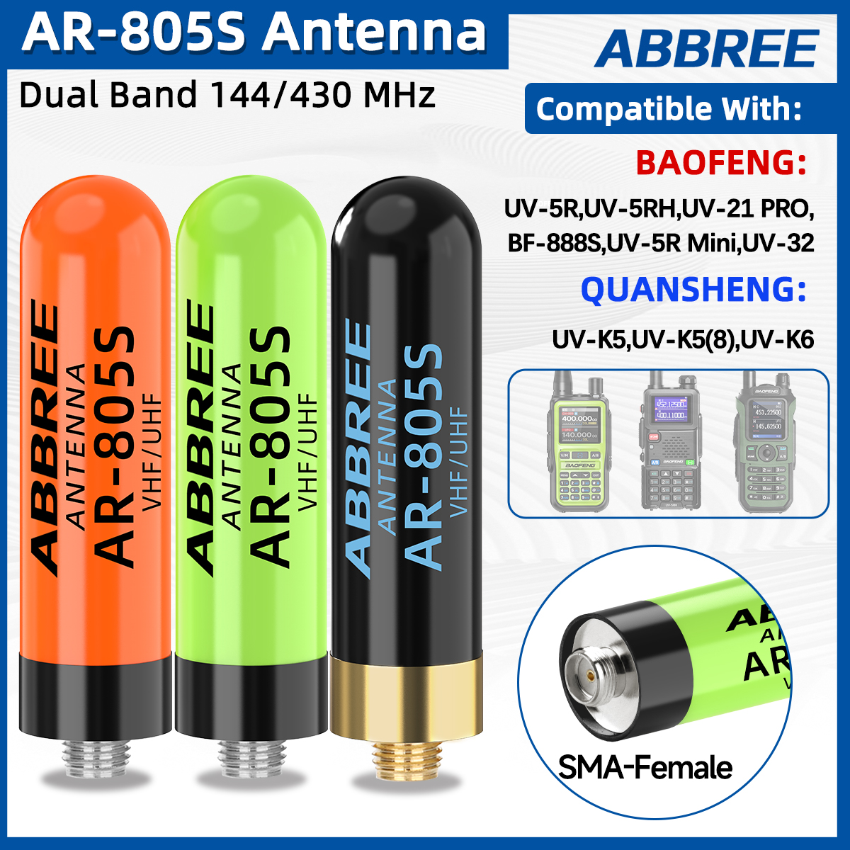 ABBREE AR-805S antena SMA-hembra antena corta banda Dual alta ganancia UHF VHF para UV-5R Mini Quansheng UV-K1 UV K5 Walkie Talkie