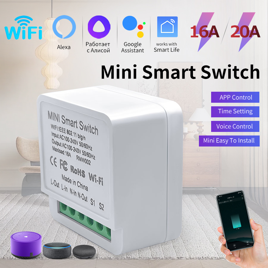 Mini Módulo de interruptor inteligente con WiFi, Control de 2 vías, aplicación de vida acogedora, Control remoto para Alexa, Google Home, Control de voz, 16a/20a