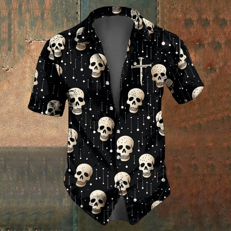 Camisas masculinas de caveira verão casual camisa de manga curta para homens preto branco impresso roupas masculinas soltas camisas de lapela de grandes dimensões topo
