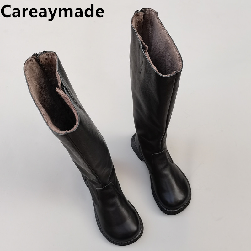 Careaymade-couro genuíno cabeça grande edição larga botas de lã de inverno feminino, couro artesanal cabeça redonda cavaleiro botas longas únicas