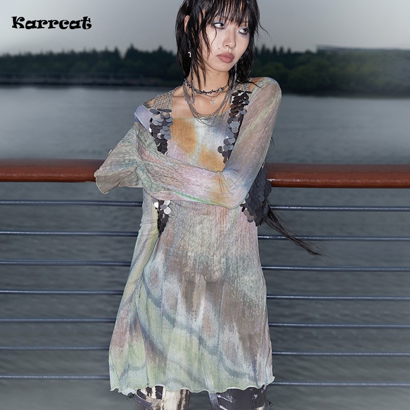 Karrcat Trashy Y2k-Tops de malla teñido anudado, estética Grunge, manga acampanada, Tops transparentes, camiseta Vintage Harajuku de gran tamaño transparente