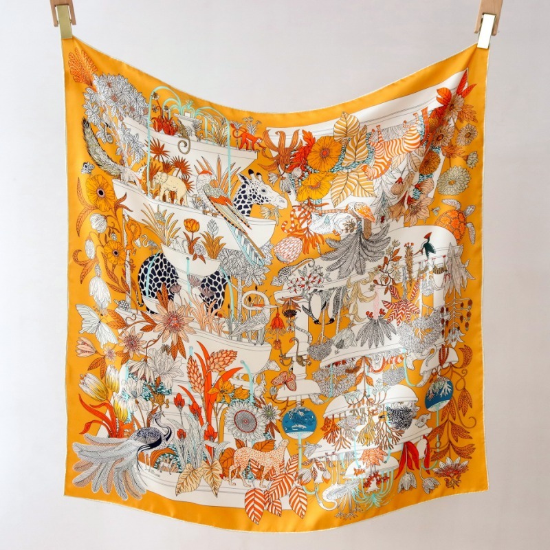 100% Maulbeerseide 90x90cm Mehrschichtiges Tropisches Garten-Wildtier-Quadrat-Tuch Warmes Orange Grundmuster mit Passendem Orange-Besatz Bandana