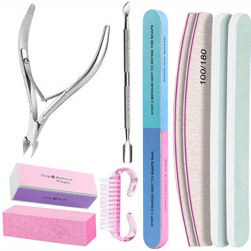 10 pièces/lot Nail Art 100/180 grain fichiers professionnels tampon éponge bloc brosse ongles ciseaux Kit avec pince à cuticules poussoirs