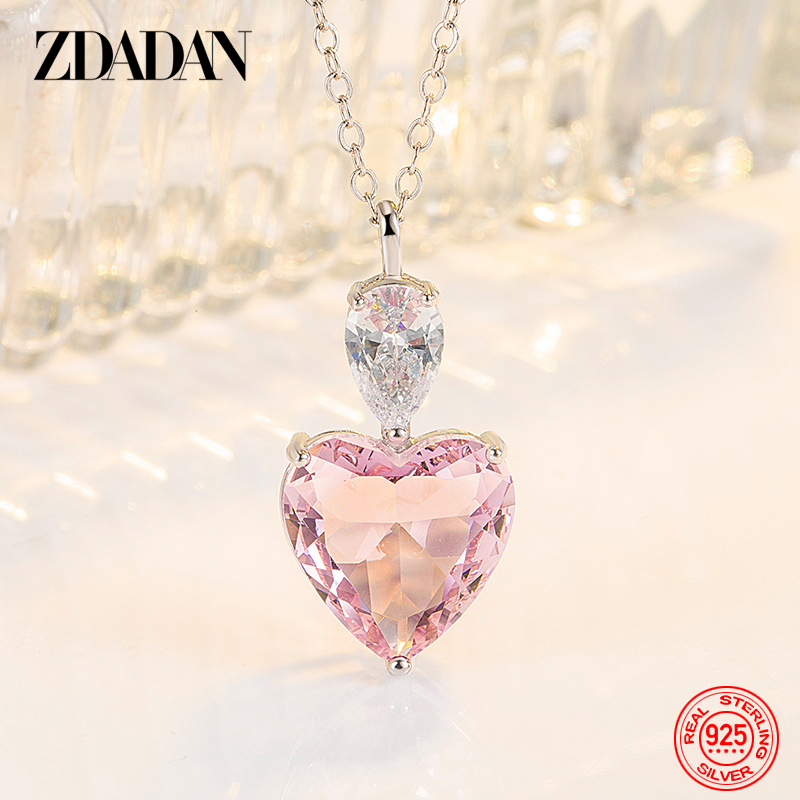 ZDADAN 925 Silver Pink Zircon Necklace Chains For Women Fashion Jewelry