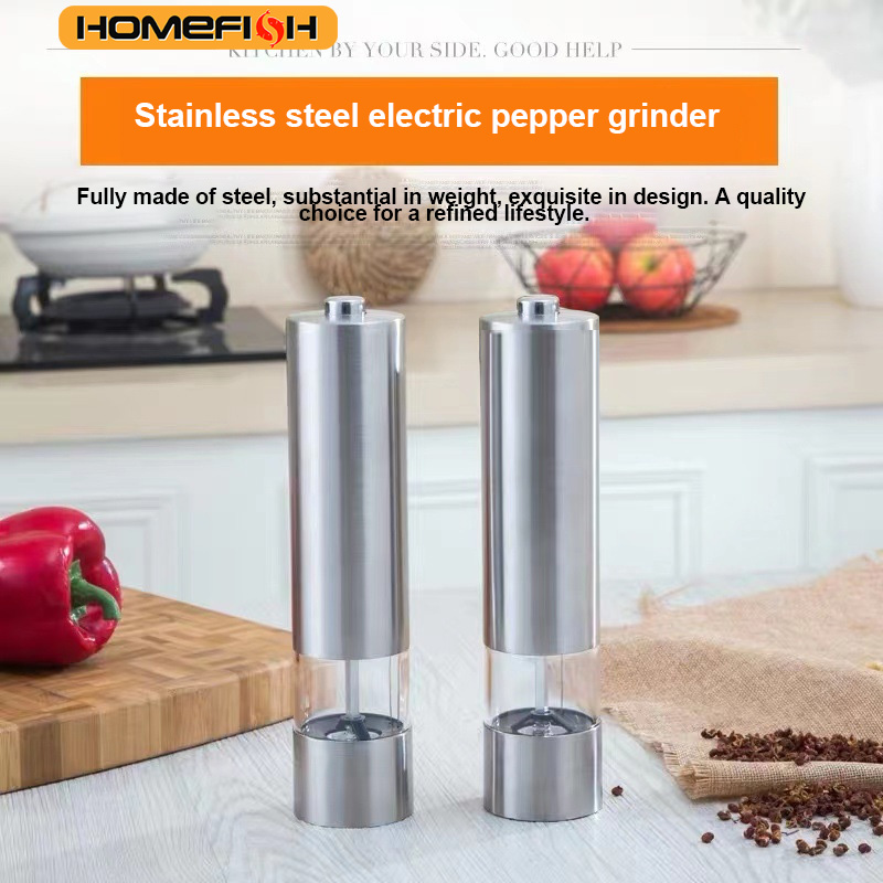 Juego de Molinillos Eléctricos de Sal y Pimienta HOMEFISH - Molinillo de Acero Inoxidable con Funcionamiento a Pilas y Luz