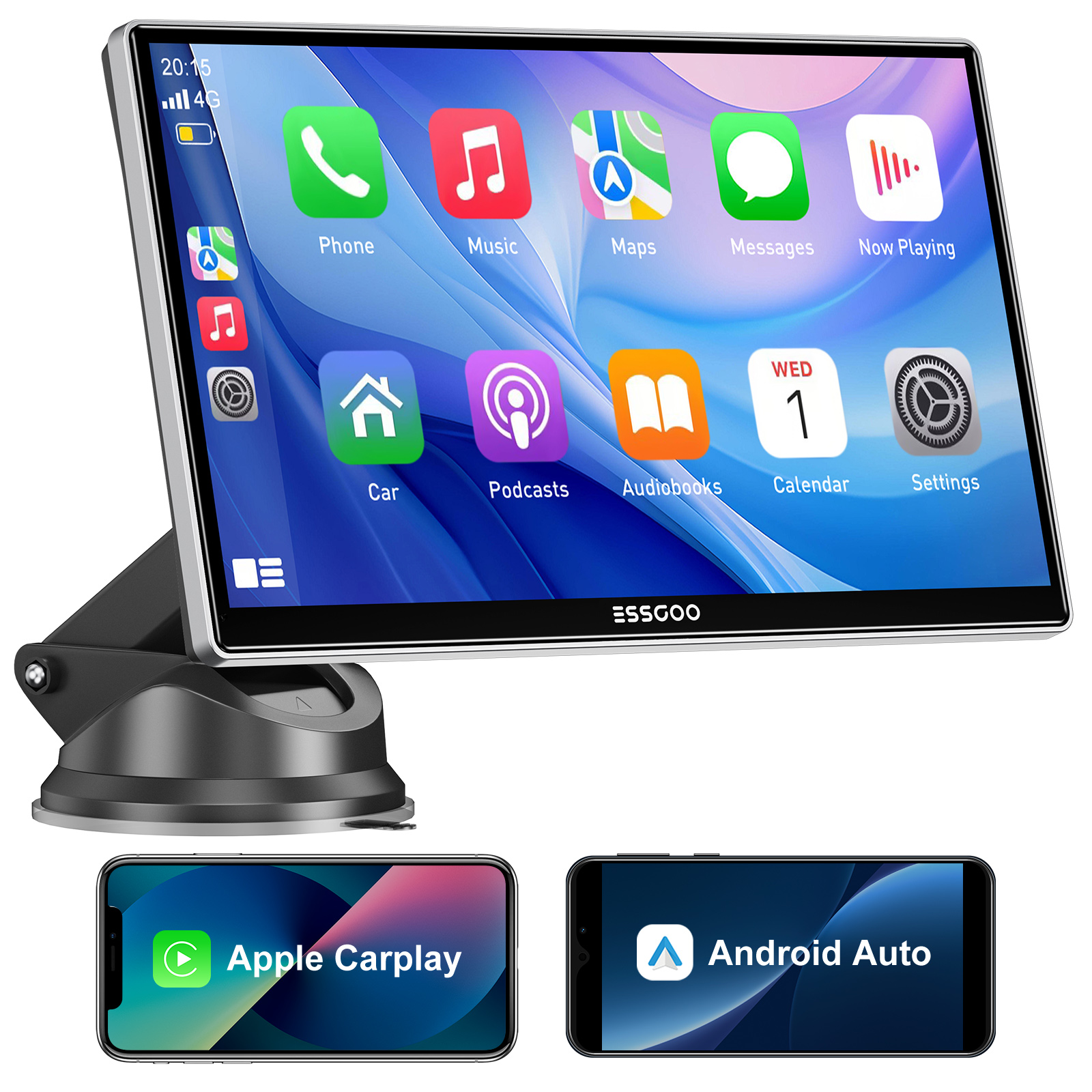 ESSGOO 9-calowy ekran dotykowy Przenośne samochodowe radio stereo Bezprzewodowe Apple Carplay Android Auto USB TF Bluetooth Mirror Link