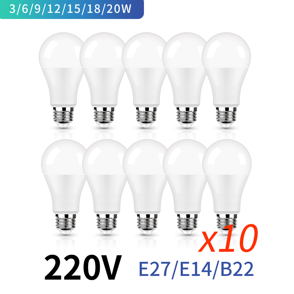 10 шт. E27 B22 Светодиодная лампа переменного тока 220 В SMD2835 3 Вт 6 Вт 9 Вт 12 Вт 15 Вт 18 Вт 20 Вт Светодиодная лампа Экономия холода Теплый белый для внутреннего освещения для дома
