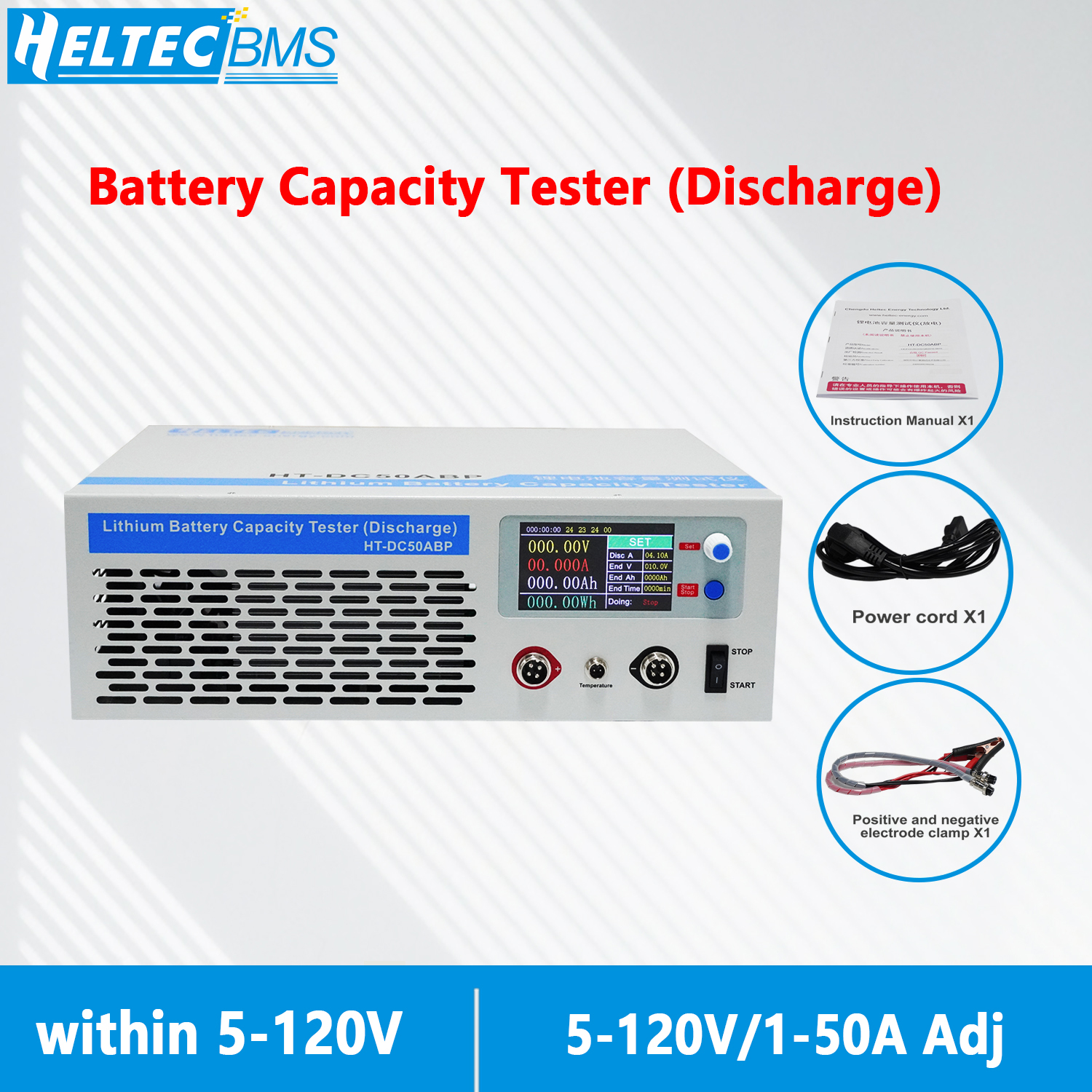 เครื่องทดสอบความจุแบตเตอรี่ 5-120V สำหรับทั้งกลุ่ม รองรับการชาร์จ/ดิสชาร์จ 1-50A สำหรับทดสอบการเสื่อมสภาพของแบตเตอรี่ชนิดตะกั่ว-กรด/นิกเกิล-เมทัลไฮไดรด์/ลิเธียม-ไอรอนฟอสเฟต/ลิเธียม-นิกเกิล-แมกนีเซียม