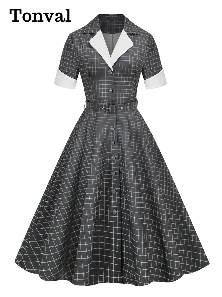 ผู้หญิง Notched Collar เดี่ยวผู้หญิงสีเทาลายสก๊อต Rockabilly ชุดยาวเอวสูง Belted ชุดเดรส Vintage A-Line 2023