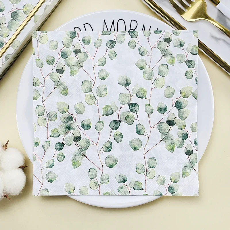 Servilleta estampada con hojas de eucalipto de bosque, servilletas de papel de colores, decoración de mesa de restaurante occidental para Hotel, papel de flores de copa de vino
