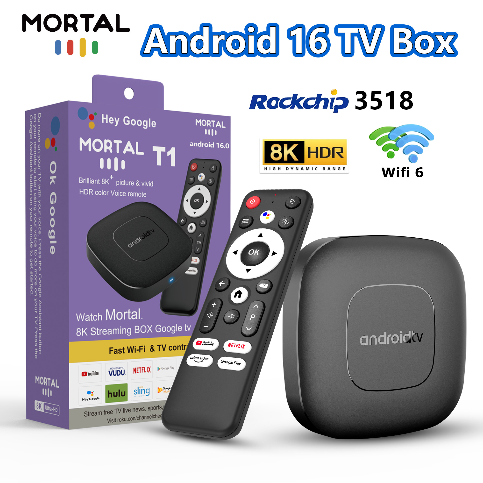 TV Box Inteligente para Cine en Casa 2025 Mortal T1 Android16, Rockchip RK3518, Compatible con Bluetooth 5.4, Asistente de Google, Reproductor de Streaming, WiFi 6