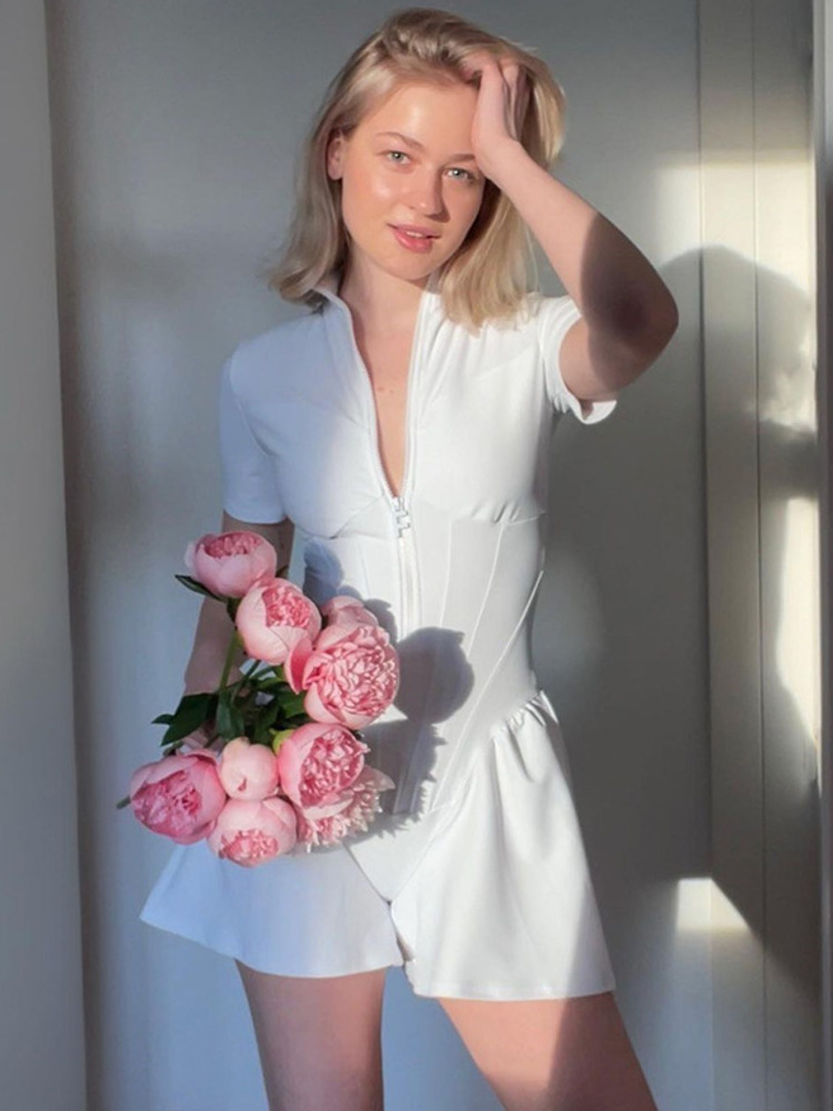 Articat sexy eng anliegende kurze Rock Spiel anzug Frauen Sommer neue kurz ärmel ige Reiß verschluss unten Hemd elastische lässige Stram pler 2024