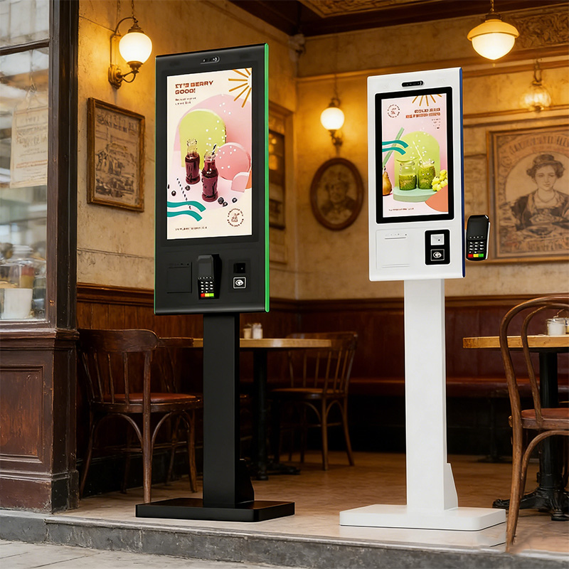 Máquina de autoservicio personalizada de 21.5 pulgadas con impresora POS NFC, escáner QR, tipo pedestal, para restaurantes y bancos.