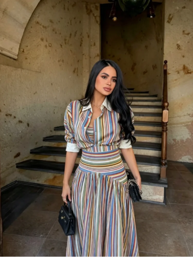 Ensembles Robe Longue Bohème Rayée Colorée Col Rabattu Boutonnage Simple Manches Longues Ajustées Fluides pour Femmes Tenues 2026