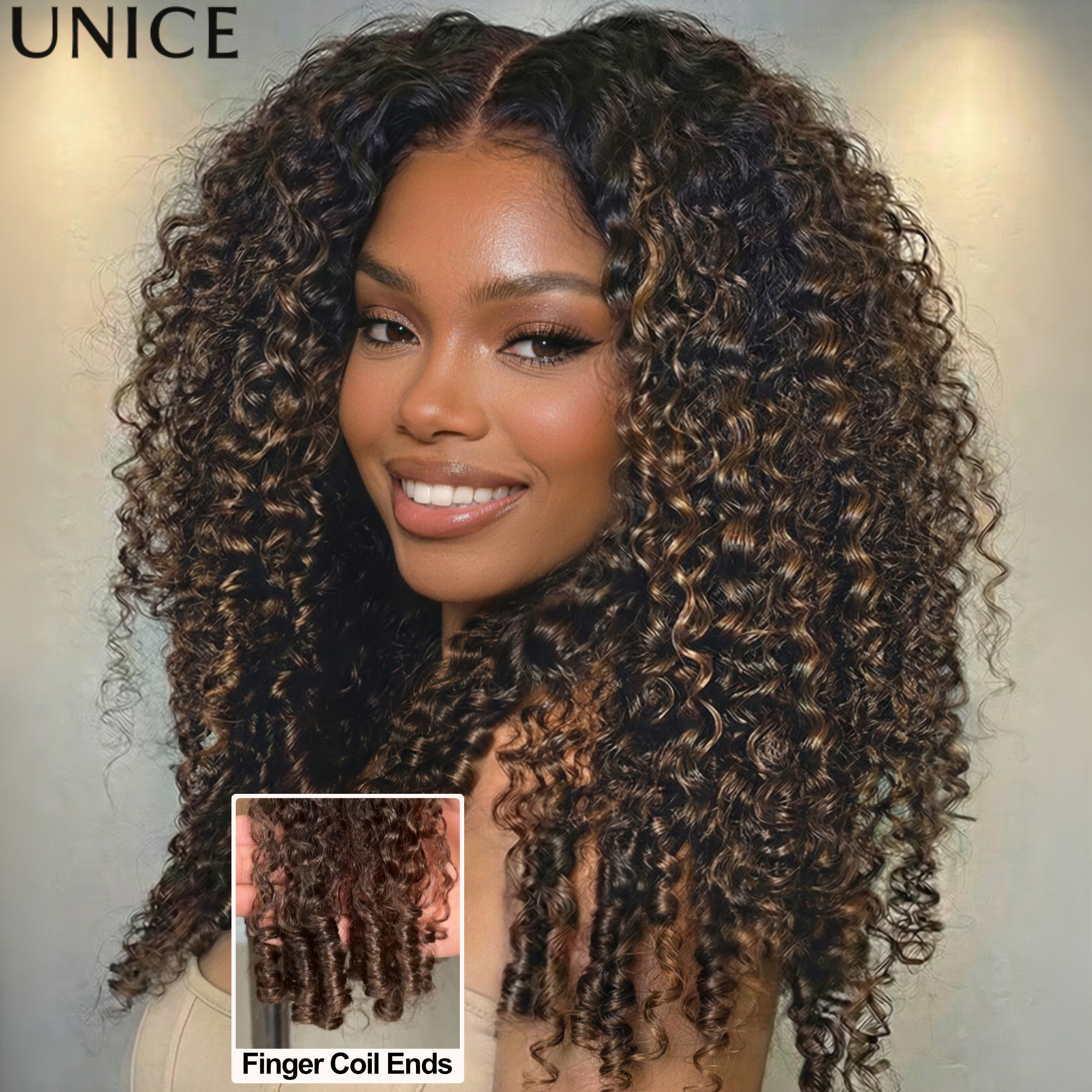 Peruca Cacheada Ombré Marrom Birmanesa UNice 7x5 com Pontas Finger Coil, 100% Cabelo Humano, Sem Cola, Pronta para Usar, Densidade 150%