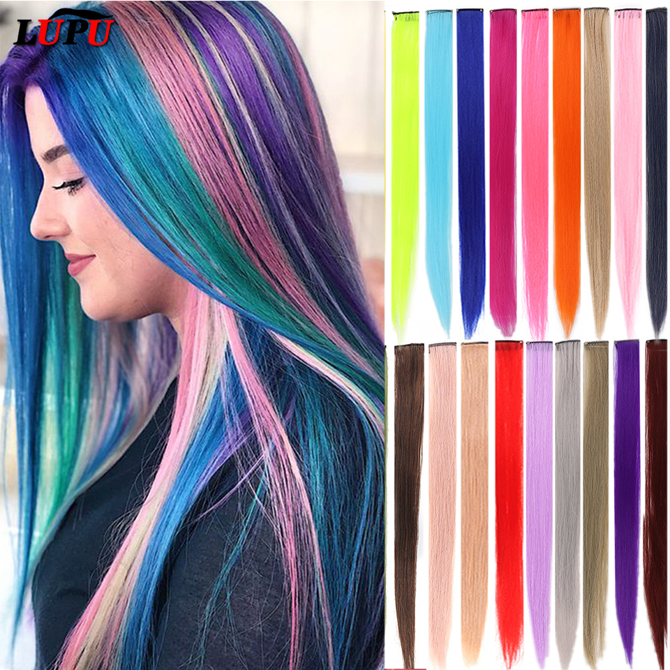 LUPU 22 นิ้วสีสังเคราะห์ Highlight Hair Extensions Rainbow ยาวตรง Hairpieces สําหรับผู้หญิงเด็กผู้หญิงสีม่วงสีชมพูสีฟ้า