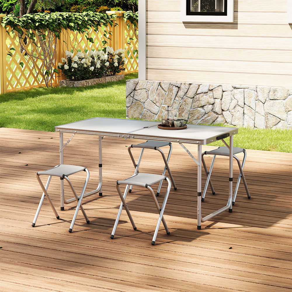 【Breeins】Folding Picnic Table with 4 Stools Portable Lightweight Aluminum Table Stools Set