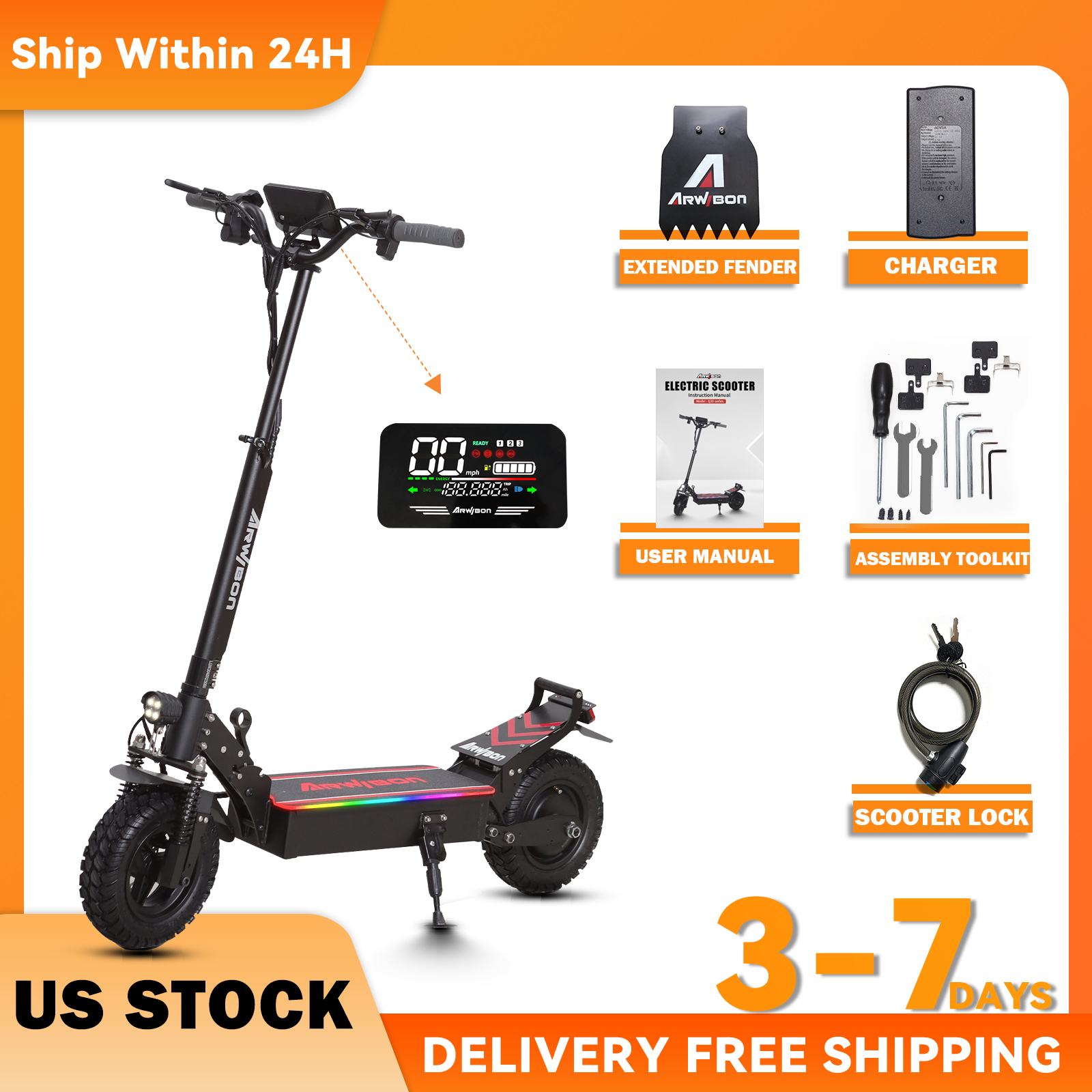 Arwibon Q30 Erwachsenen-Elektroroller 2500W Motor Höchstgeschwindigkeit 48 km/h, 48V13/16AH, 11 Zoll Offroad-Reifen Sport Klapp-E-Scooter