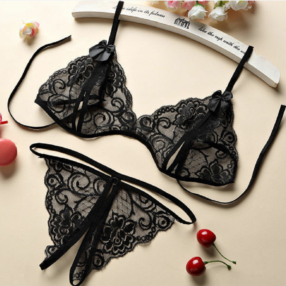 Conjunto de lencería Sexy con cordones para mujer, ropa interior transparente exótica con entrepierna abierta, Bikini Bandage con Tanga, conjunto de tres puntos