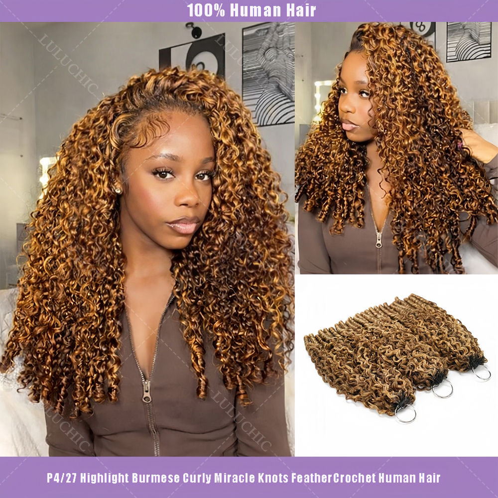 Cabello Humano Rizado Birmano para Crochet # Extensiones de Cabello Humano con Nudos Milagrosos, Color Rubio P4/27 con Reflejos Marrones, Estilo Ombre, para Crochet