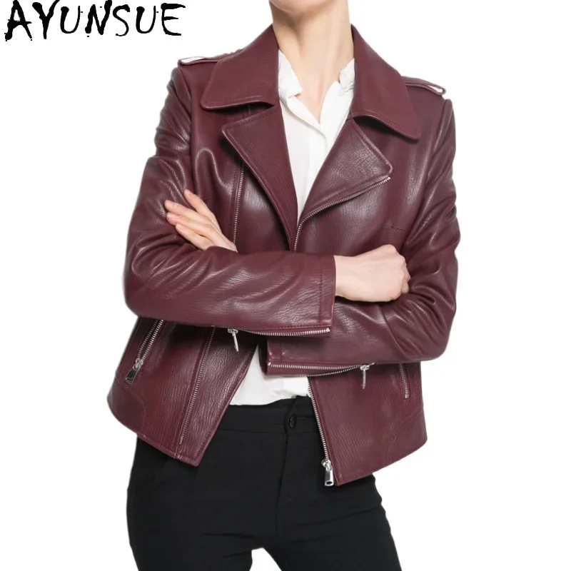 AYUNSUE-Chaqueta de piel de oveja auténtica para mujer, abrigo corto de motocicleta, ropa de otoño, novedad de 2024