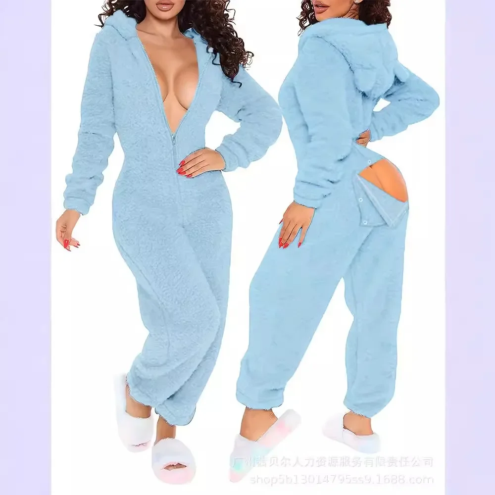 Pantalones con capucha de manga larga, peleles, ropa de casa, pijamas, monos para mujer, Otoño Invierno, ropa de descanso de felpa, pijamas, mono, trajes