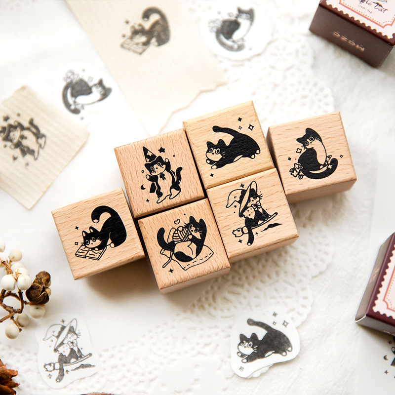 1 PC น่ารักแมวดําน้อยตกแต่งแสตมป์ Retro ไม้แสตมป์ยางสําหรับ Scrapbooking เครื่องเขียน DIY CRAFT Standard Seal