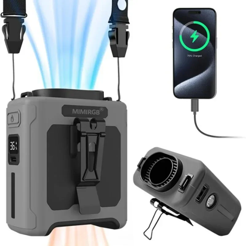 10000mAh tailleventilator Draagbare draagbare hangende nekventilator Ultrasterke wind met telefoonoplaad-LED-lampje voor werken buitenshuis
