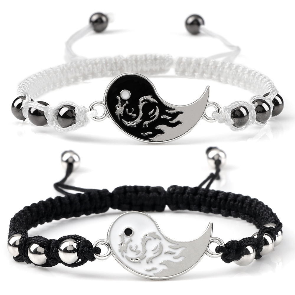 Pulseira Vintage Preta e Branca Feita à Mão com Dragão Tai Chi Yin Yang Ajustável, Pulseiras Trançadas com Charme para Mulheres e Homens, Presente de Amizade