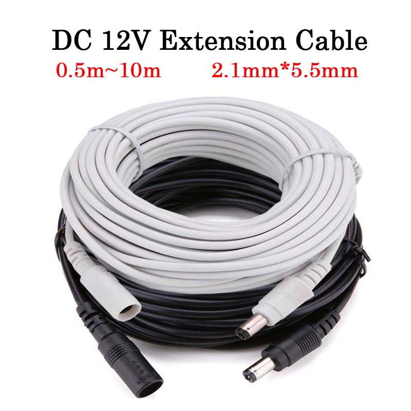 Cable de alimentación de extensión DC 12V, 2,1mm x 5,5mm, Cable de conexión macho a hembra, blanco, negro, 0,5 m, 1m, 2m, 3m, 5m, 10m para cámara CCTV con luz LED