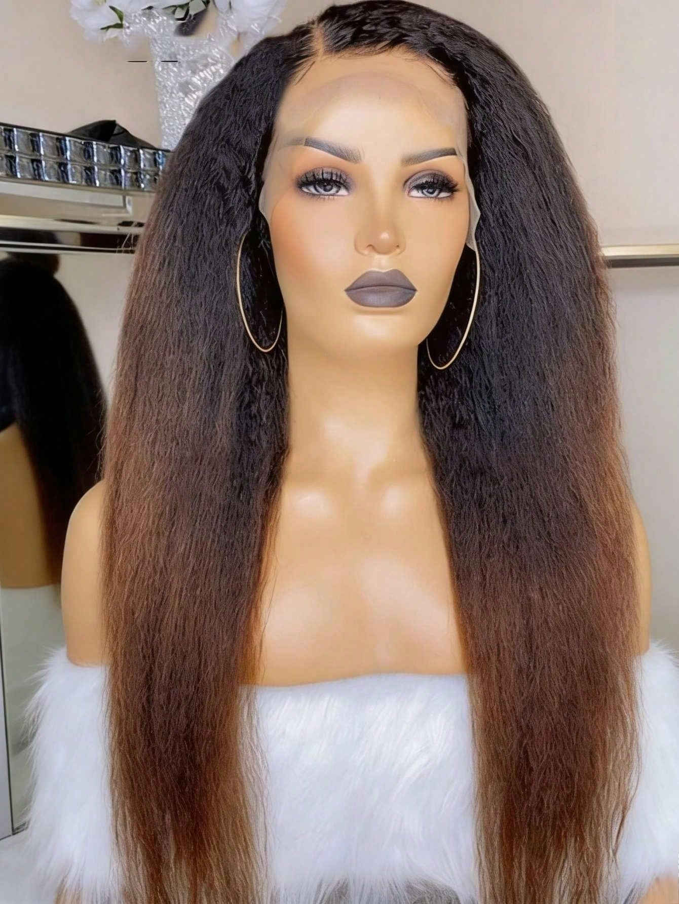 Peruca Frontal de Renda com Cabelo Humano Yaki Castanho Ombré, Densidade 200, com Linha Capilar Natural, Cabelo Crespo Liso, Pré-arrancada, Sem Cola, para Mulheres, com Baby Hair