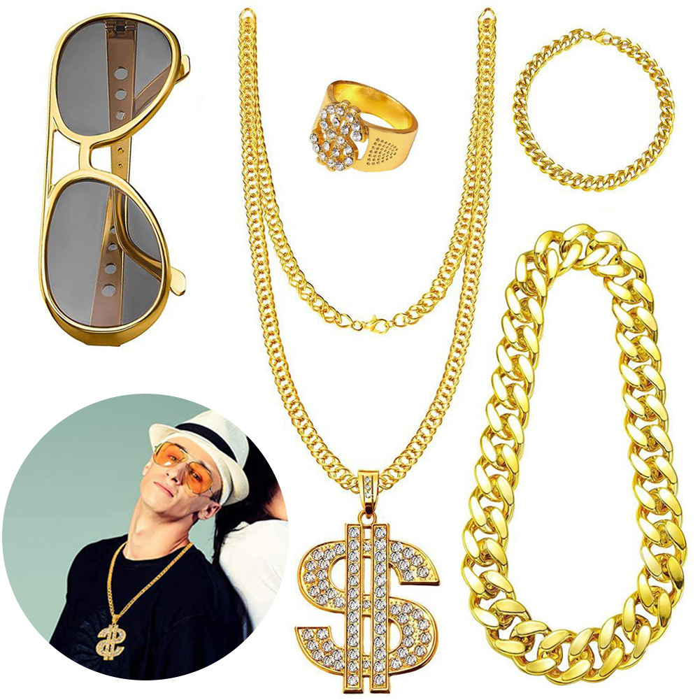 Conjunto de fantasia dos anos 80 e 90, corrente de ouro grande, acessórios de rapper dos anos 80/90, pulseira de óculos, fantasia de hip hop, trajes para homens e mulheres