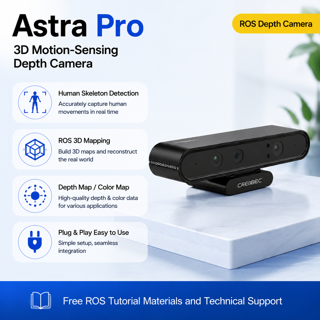 3D-камера глубины ORBBEC ASTRA Pro с диапазоном действия 0,6-8 м для разработки ИИ-робототехники, дронов и распознавания лиц