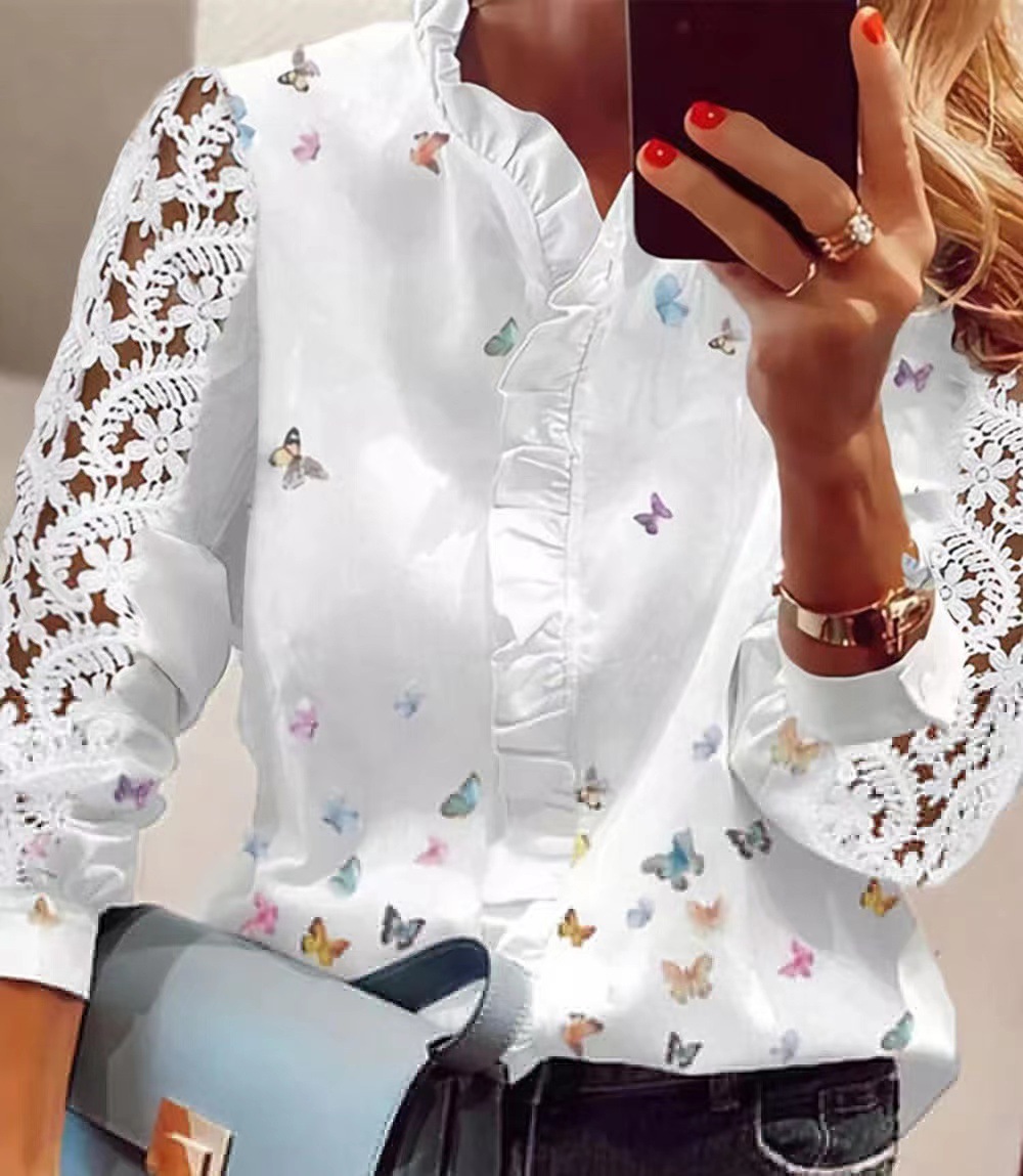 Blusa de manga comprida feminina elegante e jovem, estampa de borboleta, blusas de renda branca, roupas de moda feminina, 2024